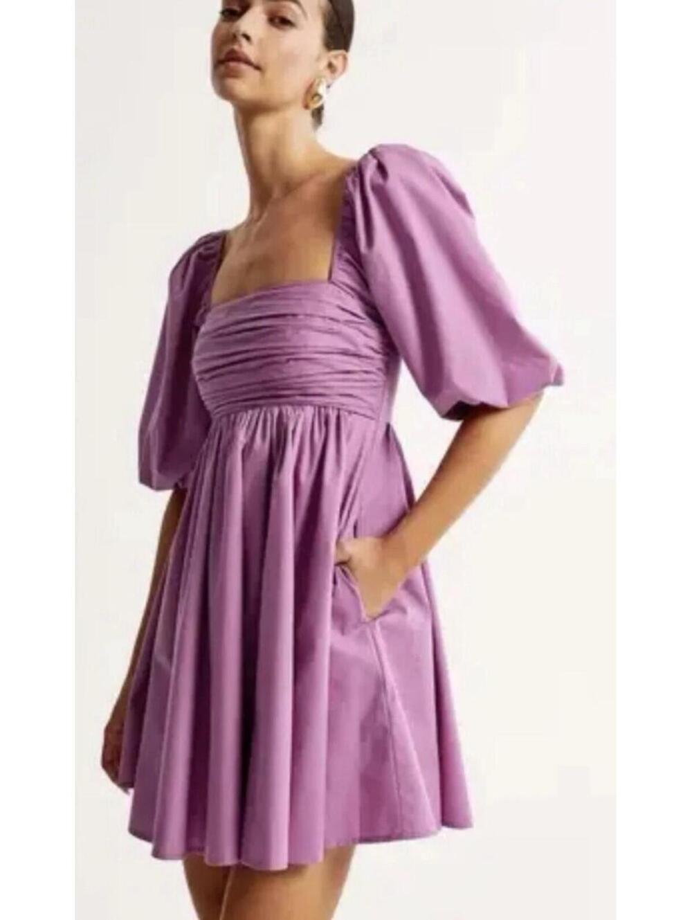 Abercrombie & Fitch Women's Emerson Poplin Puff Sleeve Mini Dress Purple Large